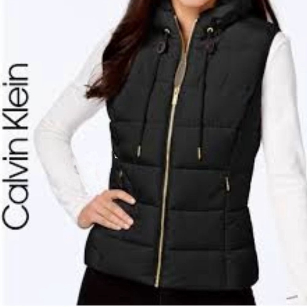 Calvin Klein Womens Black Gold Full Zip Collared Drawstring Puffer Vest‎ Size S